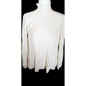 Chicos Preppy White Ribbed Turtleneck With Ruffle Accent